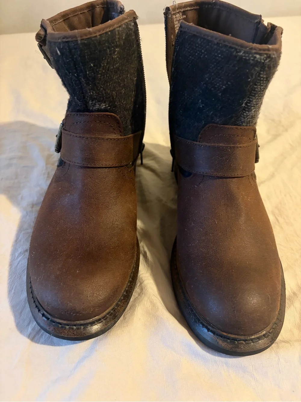White Mountain Brown Leather & Gray Knit Ankle Boots